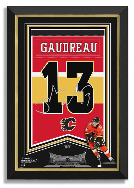 Johnny Gaudreau Facsimile Signed Autographed Calgary Flames Jersey Arena Banner - Archival Etched Glass ™