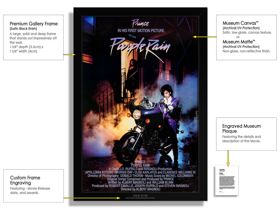Purple Rain Movie Poster Framed Non-glare Museum Matte Prince Movie - Archival UV Protection