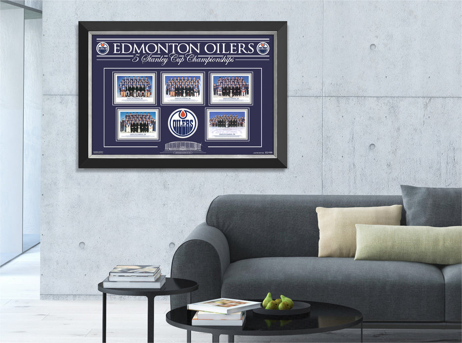 Edmonton Oilers 5 Stanley Cups - Archival Etched Glass ™ - Wayne Gretzky, Mark Messier, Grant Fuhr, Paul Coffey, Jari Kurri