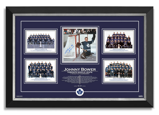 Johnny Bower Signed Autographed Toronto Maple Leafs 4 Stanley Cups - Archival Etched Glass ™ Museum Frame