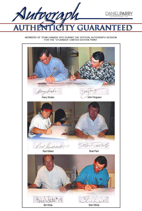 Autograph Authenticity - Artist Daniel Parry print signed by Team Canada 1972, Harry Sinden, John Fergusen, Rod Gilbert, Brad Park, Bill, White, Stan Mikita.