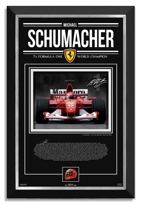 Michael Schumacher F1 Ferrari Facsimile Signed Autographed - Archival Etched Glass ™ 3D-Shadowbox Museum Frame