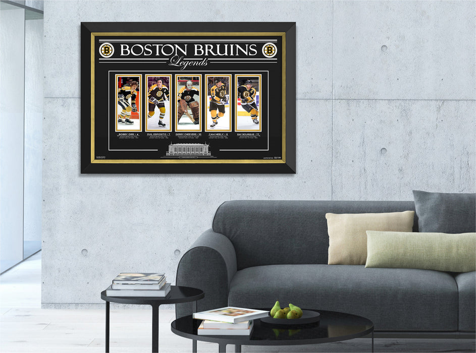 Boston Bruins Legends Bobby Orr, Phil Esposito, Gerry Cheevers, Cam Neely, Ray Bourque - Archival Etched Glass ™ Museum Frame