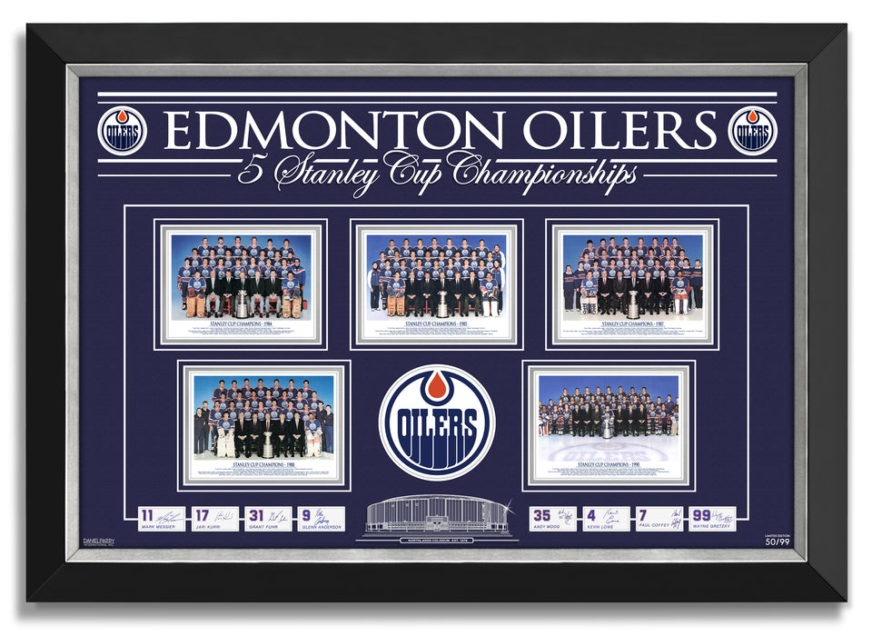 Edmonton Oilers 5 Stanley Cups Facsimile Team Signed - Wayne Gretzky, Messier, Fuhr, Coffey, Kurri, Anderson, Lowe, Moog