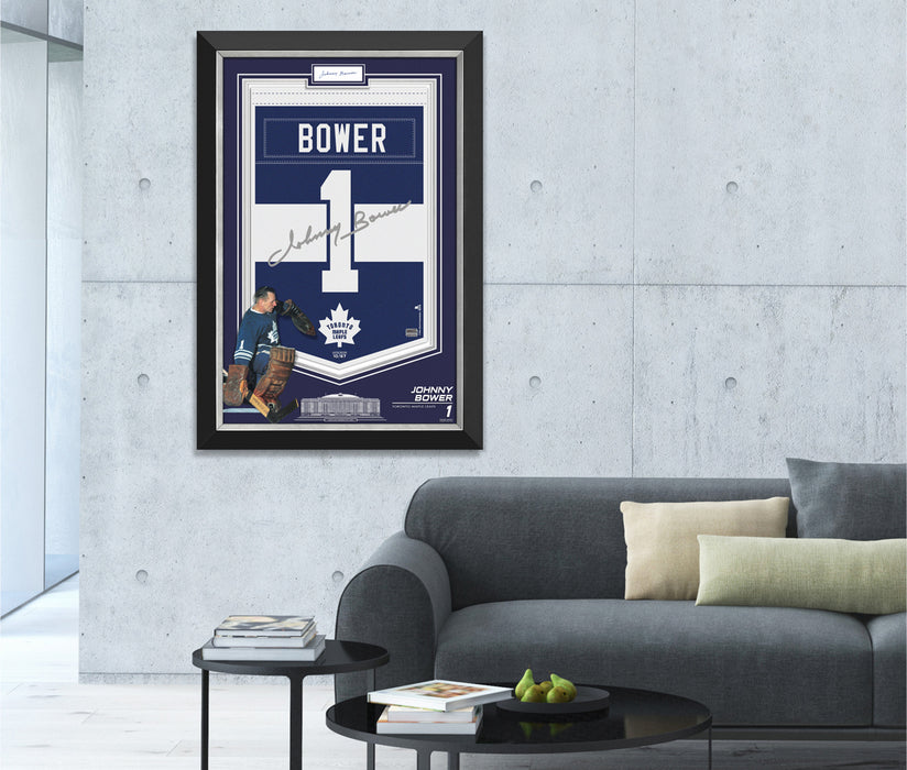 Johnny Bower Signed Autographed Toronto Maple Leafs Jersey Arena Banner - Archival Etched Glass ™ Museum Frame